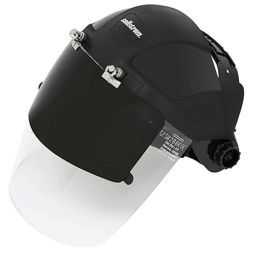 Sellstrom DP4 Face Shield - Lightweight Mask with High Impact Crown & Ratchet Headgear for Work, Grinding, Plasma/Flame Cutting - ANSI Z87.1 - Clear Anti Fog Polycarbonate Window - UV/IR Flip Up Visor