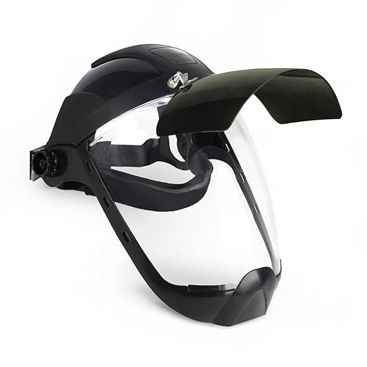Sellstrom DP4 Face Shield - Lightweight Mask with High Impact Crown & Ratchet Headgear for Work, Grinding, Plasma/Flame Cutting - ANSI Z87.1 - Clear Anti Fog Polycarbonate Window - UV/IR Flip Up Visor