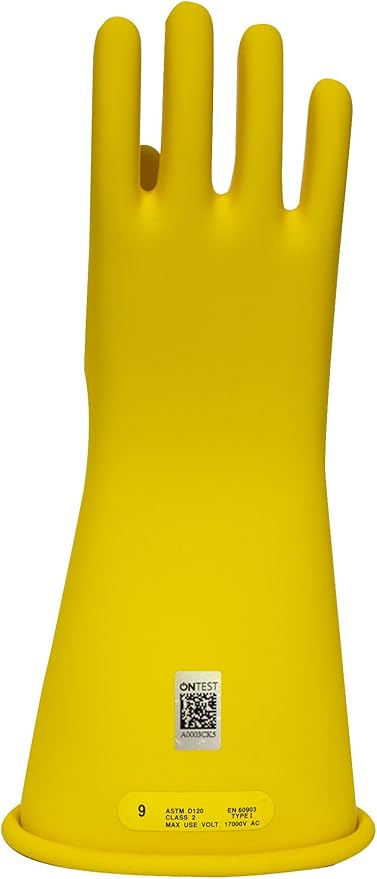 Enespro Class 2 Yellow Rubber Voltage Insulating Gloves, Max. Use Voltage 17000V AC/25500V DC, GC2Y10