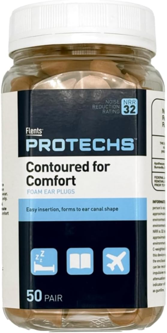 Flents Protechs Disposable Foam Ear Plugs, Contoured for Comfort, Ideal for Work, Loud Noise, Heavy Machinery, Construction, Studying, Shooting & Traveling, NRR 32, Beige, Easy to Use, 50 Pair