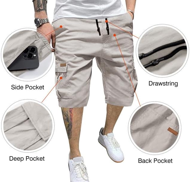 JMIERR Mens Casual Twill Cargo Shorts Cotton Drawstring Classic Cargo Stretch Short with 6 Pockets