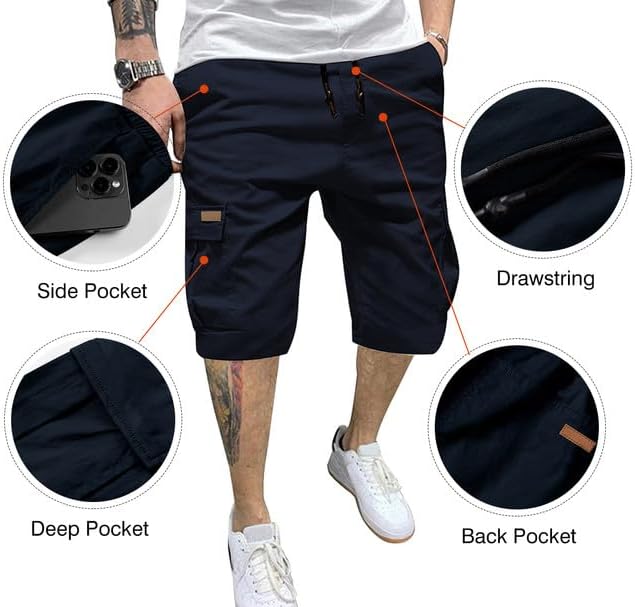 JMIERR Mens Casual Twill Cargo Shorts Cotton Drawstring Classic Cargo Stretch Short with 6 Pockets