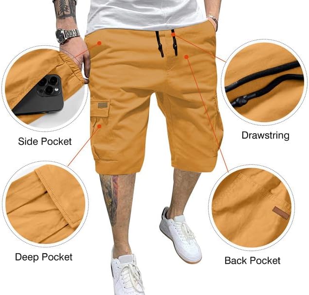 JMIERR Mens Casual Twill Cargo Shorts Cotton Drawstring Classic Cargo Stretch Short with 6 Pockets