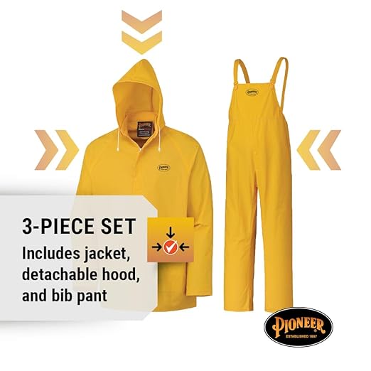 Pioneer Waterproof PVC Work Suit for Men – Repel Rain Gear Yellow Safety Jacket and Bib Pants - 3 PC Set With Detachable Hood - 5X-Large