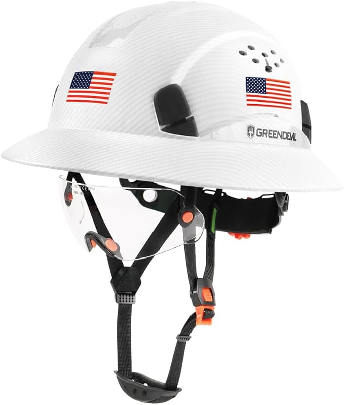 GREEN DEVIL Full Brim Hard Hat Vented Construction Safety Helmet OSHA Approved Cascos De Construccion ABS Work Hardhat for Men&Women 6 Point Adjustable Ratchet Suspension Custom Pattern Design