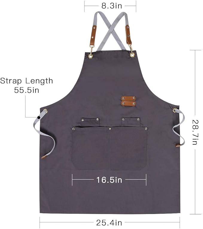 Chef Apron,Cross Back Apron for Men Women with Adjustable Straps and Large Pockets,Canvas,M-XXL (Grey)
