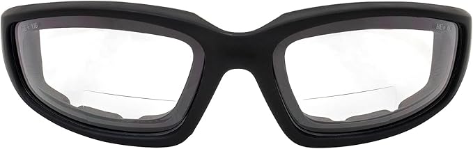Birdz Eyewear Oriole Padded Safety Bifocal Motorcycle Glasses Black Frame Clear Lenses 2.5 Magnification Carry Bag