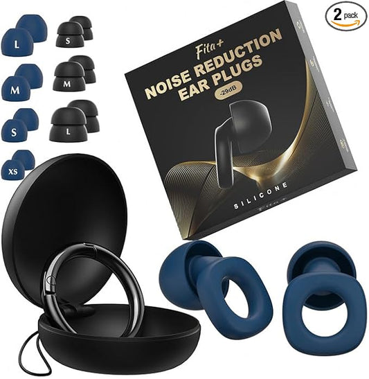 Fita+ Soft Reusable Ear Plugs for Noise Reduction up to 33dB, 7 Pairs XS/S/M/L, Soft Silicone Ear Plugs for Sleeping, Noise Cancelling for Work, Focus - Navy Blue