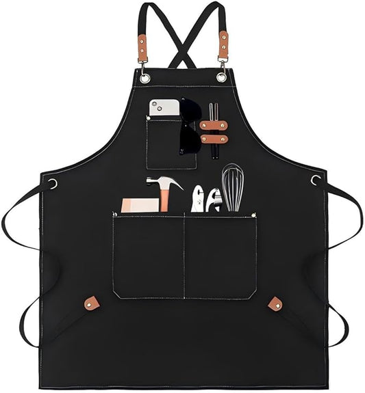 EUDOLAH Chef Aprons for Women Men with Large Pockets Cooking Aprons Canvas Cross Back Water Repellent Work Apron
