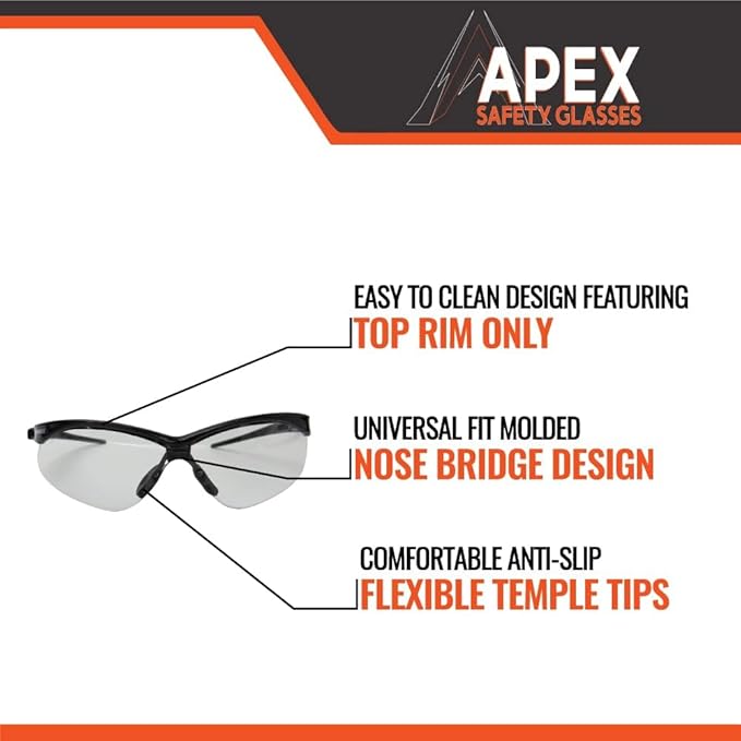 Malta Dynamics APEX Safety Glasses – Construction Safety Glasses for Men and Women with Anti Scratch and Anti Fog Protection, ISEA & ANSI Z87 Compliant (Clear, 180 Pairs)