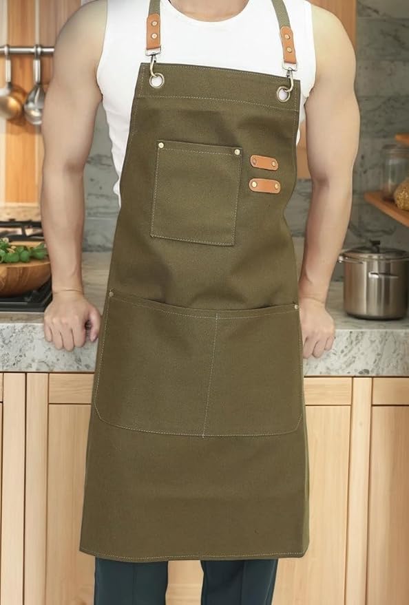 EUDOLAH Chef Aprons for Women Men with Large Pockets Cooking Aprons Canvas Cross Back Water Repellent Work Apron