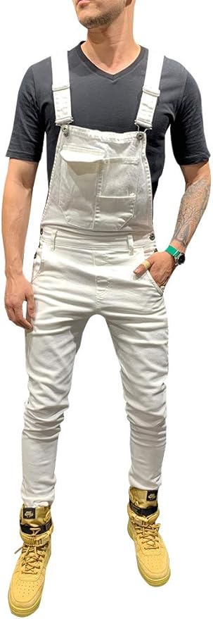 LONGBIDA Men's Denim Bib Overalls Fashion Slim Fit Jumpsuit with Pockets