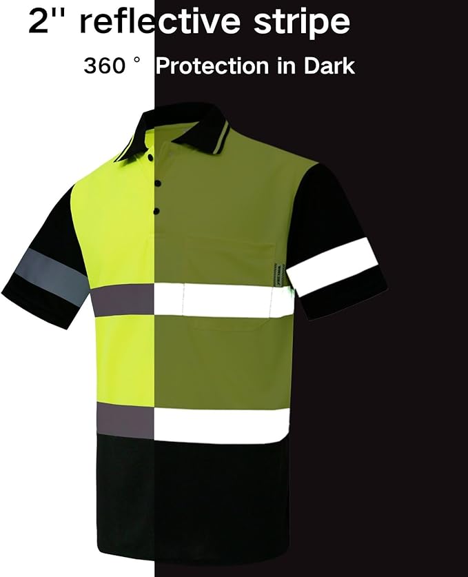 WORK IDEA Polo Shirt for Men High Visibility Reflective Work Shirt with Pockets for Construction