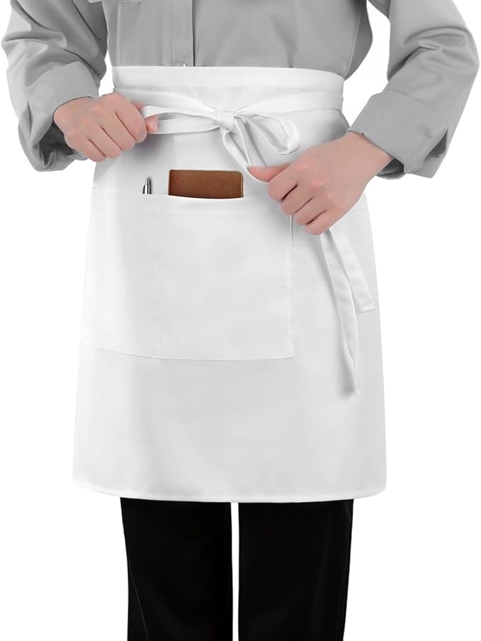 Long Server Apron with 2 Pockets, Extra Long Tie, Lightweight Half Aprons for Men Women Waiter Waitress Chef