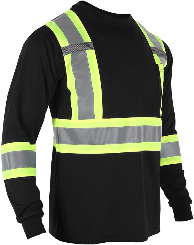 VENDACE Men's High Vis Safety Work T Shirt ANSI Class 2 Reflective Long Sleeve Shirt with Pocket(Black,2XL)