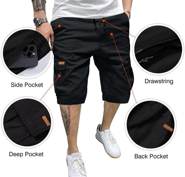 JMIERR Mens Casual Twill Cargo Shorts Cotton Drawstring Classic Cargo Stretch Short with 6 Pockets