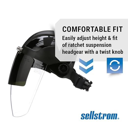 Sellstrom DP4 Face Shield - Lightweight Mask with High Impact Crown & Ratchet Headgear for Work, Grinding, Plasma/Flame Cutting - ANSI Z87.1 - Clear Anti Fog Polycarbonate Window - UV/IR Flip Up Visor