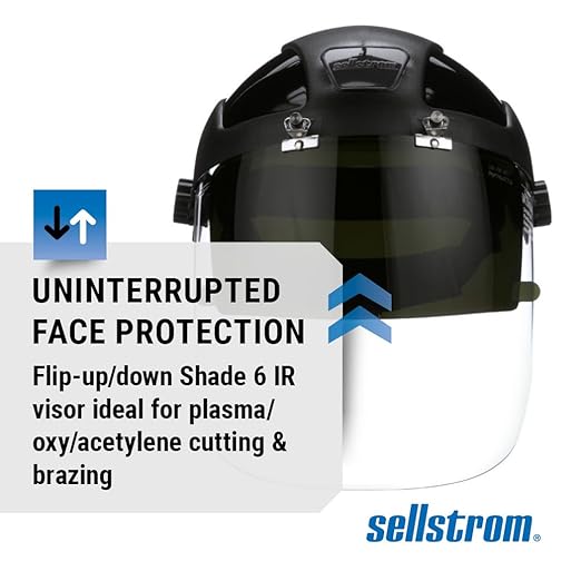Sellstrom DP4 Face Shield - Lightweight Mask with High Impact Crown & Ratchet Headgear for Work, Grinding, Plasma/Flame Cutting - ANSI Z87.1 - Clear Anti Fog Polycarbonate Window - UV/IR Flip Up Visor