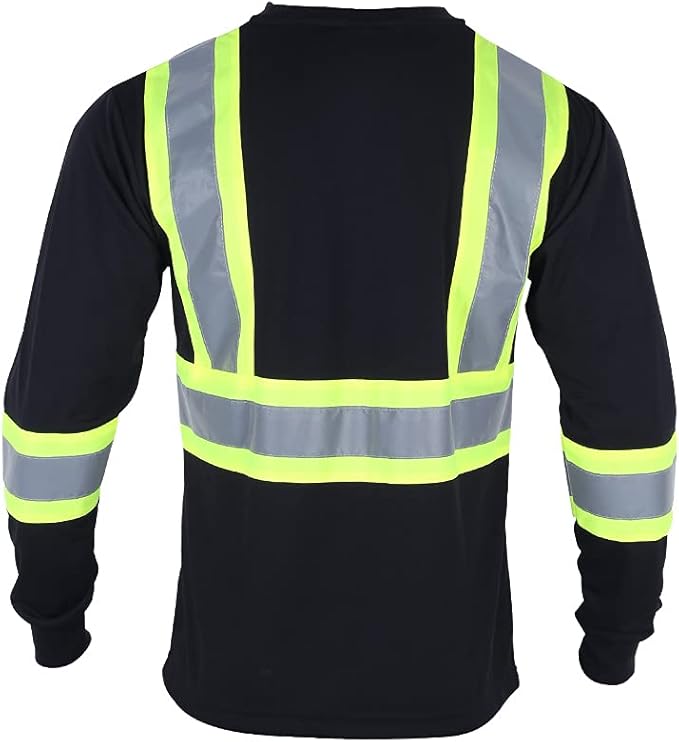 VENDACE Men's High Vis Safety Work T Shirt ANSI Class 2 Reflective Long Sleeve Shirt with Pocket(Black,2XL)