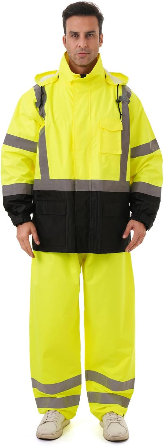 Hi Vis Safety rain Jacket，Reflective Class 3 Rain coat with Inner Mesh Lining and Pockets High Visibility Waterproof work Rain Suits for men&women（Lime,4XL/5XL）