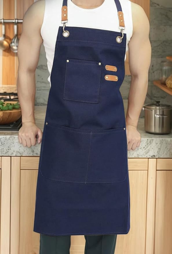 EUDOLAH Chef Aprons for Women Men with Large Pockets Cooking Aprons Canvas Cross Back Water Repellent Work Apron