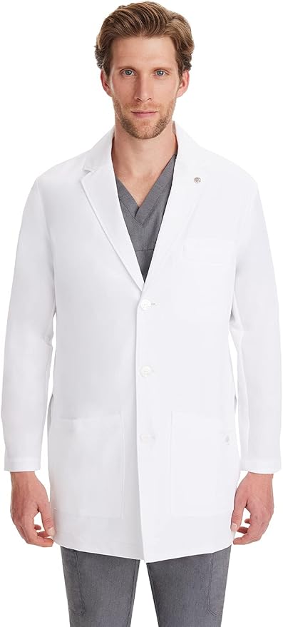 Healing Hands Logan Men’s White Lab Coat with 5 Pockets, Knit Details & Side Slits Back length 34½" 360° Stretch 5100, Small, White