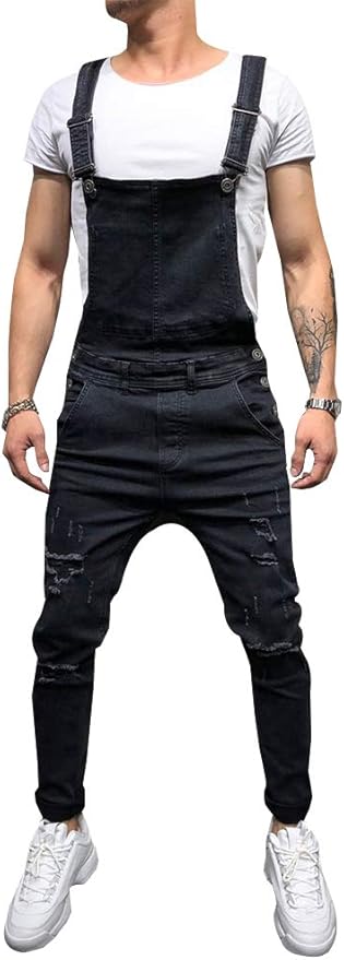 LONGBIDA Men's Denim Bib Overalls Fashion Slim Fit Jumpsuit with Pockets