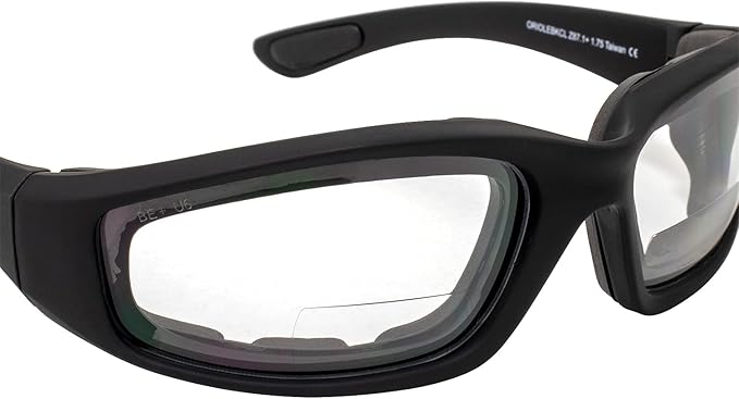 Birdz Eyewear Oriole Padded Safety Bifocal Motorcycle Glasses Black Frame Clear Lenses 2.5 Magnification Carry Bag