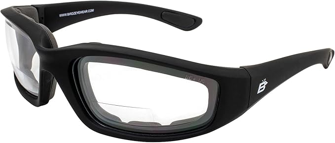 Birdz Eyewear Oriole Padded Safety Bifocal Motorcycle Glasses Black Frame Clear Lenses 2.5 Magnification Carry Bag
