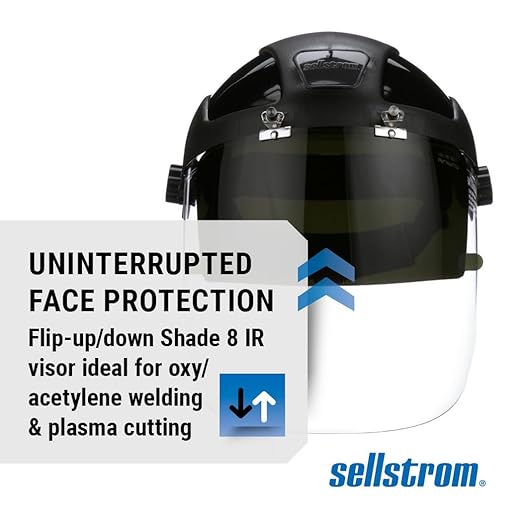 Sellstrom DP4 Face Shield - Lightweight Mask with High Impact Crown & Ratchet Headgear for Work, Grinding, Plasma/Flame Cutting - ANSI Z87.1 - Clear Anti Fog Polycarbonate Window - UV/IR Flip Up Visor