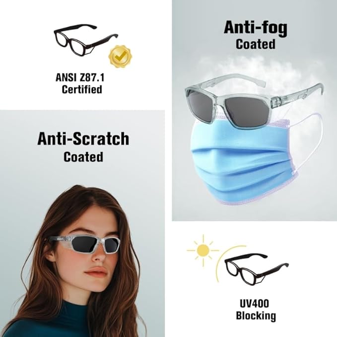 ProtectX Stylish Anti-Fog & Scratch-Resistant Safety Glasses With Readers, UV Protection Goggles, Anti-Impact Lightweight Glasses for Men＆Women Charcoal Tinted Smoke - 6 Pack