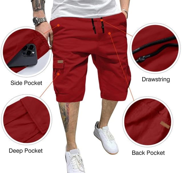 JMIERR Mens Casual Twill Cargo Shorts Cotton Drawstring Classic Cargo Stretch Short with 6 Pockets