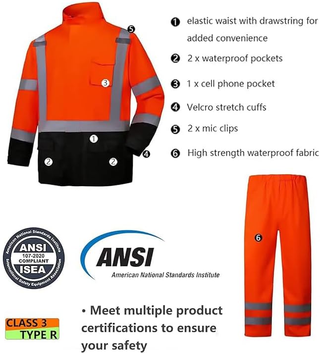 SRsafety High Visibility Rain Gear, Class 3 High Visibility Work Rain Gear for Men, Construction Rain Suits