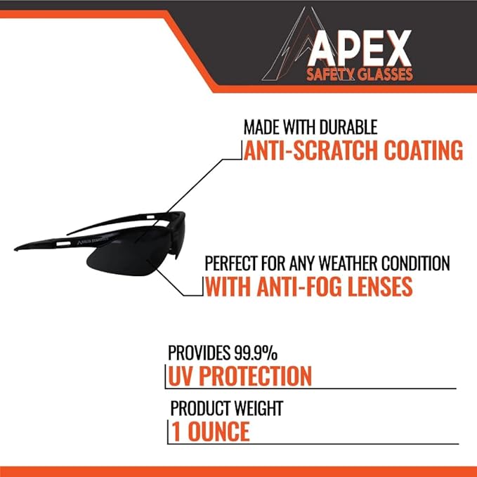Malta Dynamics APEX Safety Glasses – Construction Safety Glasses for Men and Women with Anti Scratch and Anti Fog Protection, ISEA & ANSI Z87 Compliant (Tinted, 180 Pairs)