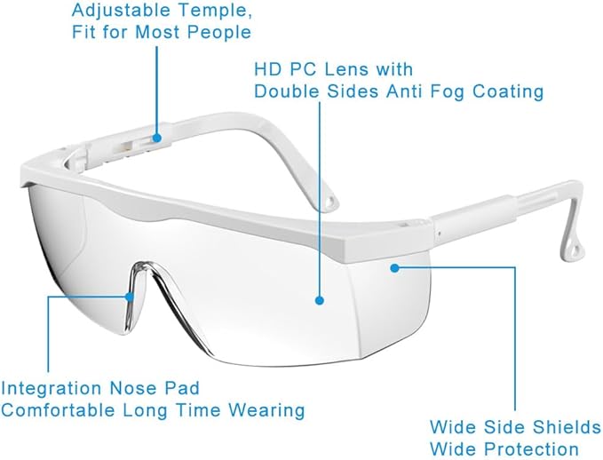 mozeeda Safety Glasses Safety Goggles for Men Women, Clear Safety Glasses Over Eyeglasses, Z87 UV 400 Anti-fog Adjustable Temples Protection Goggles for Nurse,Eyewear Anti-Scratch with Temple for Lab