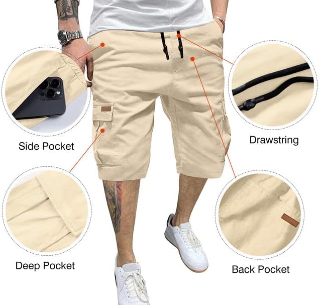 JMIERR Mens Casual Twill Cargo Shorts Cotton Drawstring Classic Cargo Stretch Short with 6 Pockets