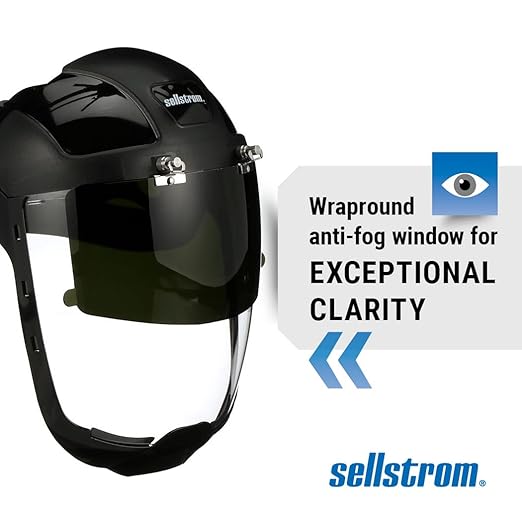 Sellstrom DP4 Face Shield - Lightweight Mask with High Impact Crown & Ratchet Headgear for Work, Grinding, Plasma/Flame Cutting - ANSI Z87.1 - Clear Anti Fog Polycarbonate Window - UV/IR Flip Up Visor