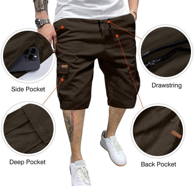 JMIERR Mens Casual Twill Cargo Shorts Cotton Drawstring Classic Cargo Stretch Short with 6 Pockets