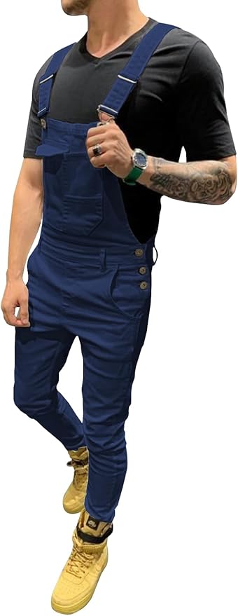 LONGBIDA Men's Denim Bib Overalls Fashion Slim Fit Jumpsuit with Pockets