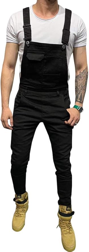 LONGBIDA Men's Denim Bib Overalls Fashion Slim Fit Jumpsuit with Pockets