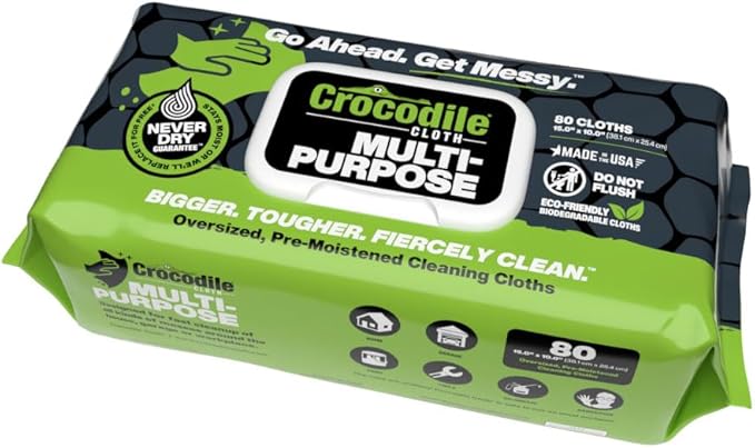 Crocodile Cloth All-Purpose Cleaning Wipes – 80 Count, 15"x10" Extra Large Plant-Based Disposable Cloths – Moist, Absorbent, Safe on Skin, Multi-Surface Use