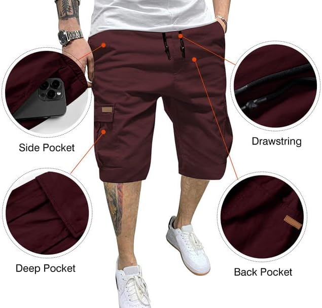 JMIERR Mens Casual Twill Cargo Shorts Cotton Drawstring Classic Cargo Stretch Short with 6 Pockets