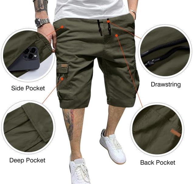 JMIERR Mens Casual Twill Cargo Shorts Cotton Drawstring Classic Cargo Stretch Short with 6 Pockets