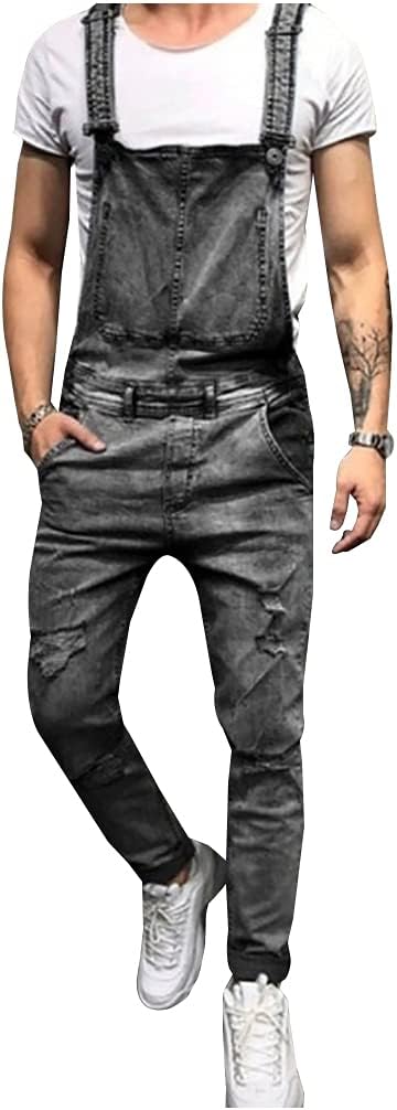 LONGBIDA Men's Denim Bib Overalls Fashion Slim Fit Jumpsuit with Pockets
