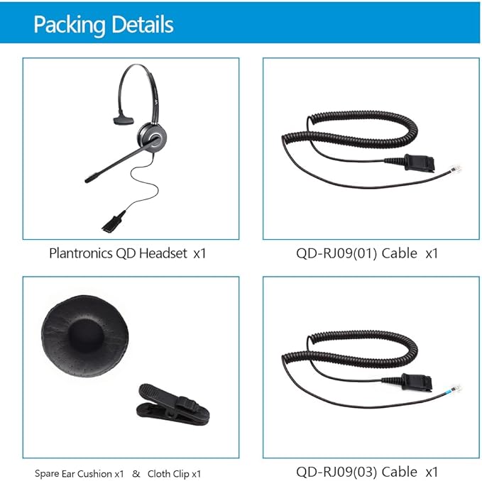 VT Telephone-Headset Microphone Noise-Cancelling Headphone QD - Quick Disconnect Call Center Headset with RJ09 Cables Compatible with Polycom,Yealink,Grandstream,Snom,Fanvil,Mitel Phones (Mono)