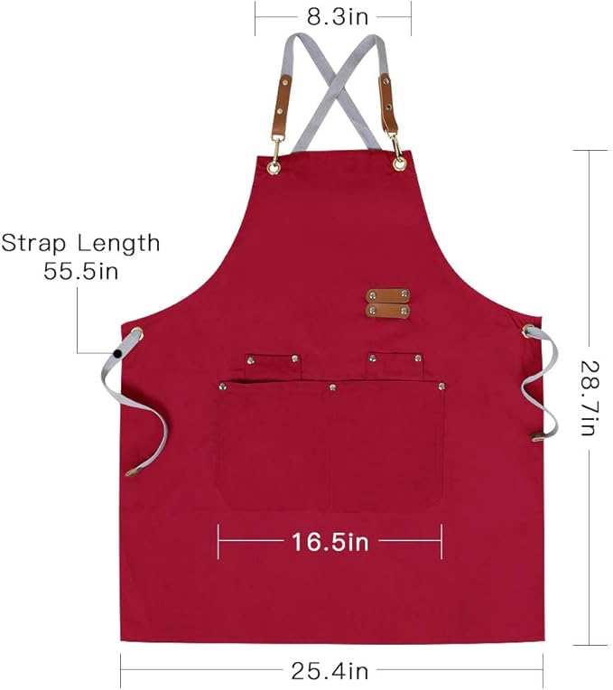 Chef Apron,Cross Back Apron for Men Women with Adjustable Straps and Large Pockets,Canvas,M-XXL (Red)
