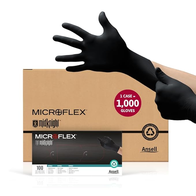 Ansell MICROFLEX MidKnight MK-296 Disposable Nitrile Gloves for Automotive w/Full Texture - X-Small, Black (Case of 1000)