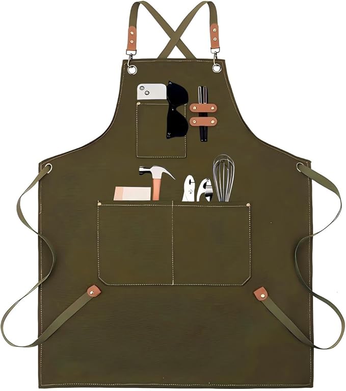 EUDOLAH Chef Aprons for Women Men with Large Pockets Cooking Aprons Canvas Cross Back Water Repellent Work Apron