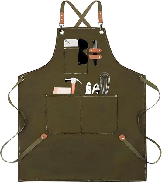 EUDOLAH Chef Aprons for Women Men with Large Pockets Cooking Aprons Canvas Cross Back Water Repellent Work Apron