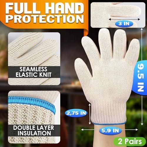 KETAR 2 Pairs Heat Resistant Gloves for Grilling - 9.5 Inch Durable Aramid BBQ Heat Gloves for Cooking - Full Hand Protection, Easy to Use, Multipurpose for Baking, Roasting, Frying, and More